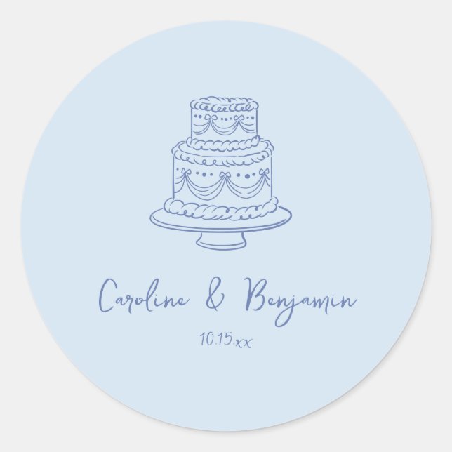 Pegatina Redonda Custom Handwritten Cool Blue Doodle Wedding Cake (Anverso)