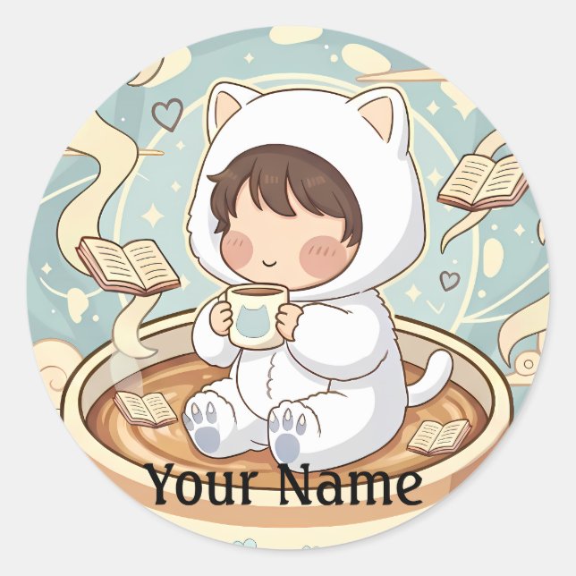 Pegatina Redonda Custom Name Cat Coffee Sticker for Book Lovers (Anverso)