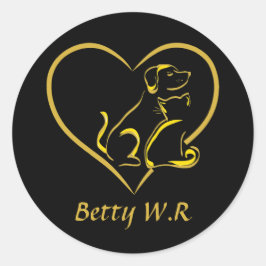 Pegatina Redonda Custom Name Cat, Dog and Love Line Art