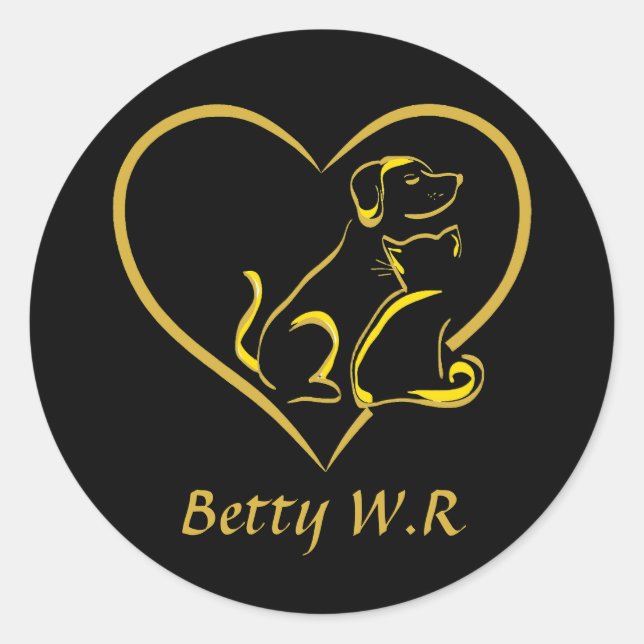 Pegatina Redonda Custom Name Cat, Dog and Love Line Art (Anverso)