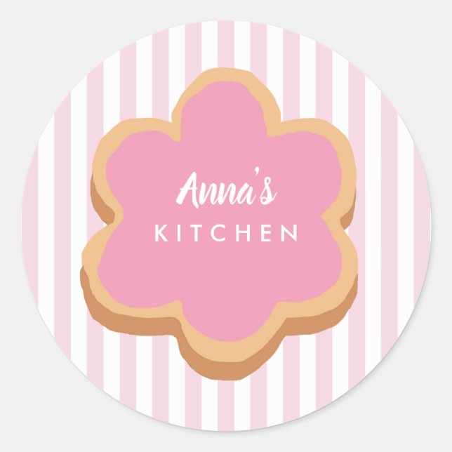 Pegatina Redonda Custom Name Cookie Pink Stripe Kitchen (Anverso)