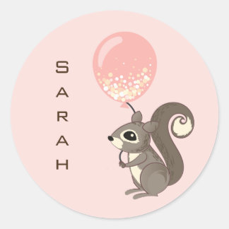 Pegatina Redonda Custom Name Squirrel with Pink Balloon