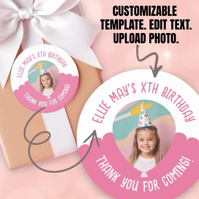 Pegatina Redonda Custom Photo Any Age Thank You Birthday Balloon (Custom Photo Any Age Thank You Birthday Balloon Classic Round Sticker.)
