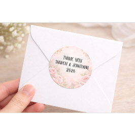 Pegatina Redonda Custom Pink Floral Wedding Thank You Sticker