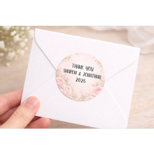Pegatina Redonda Custom Pink Floral Wedding Thank You Sticker (Subido por el creador)