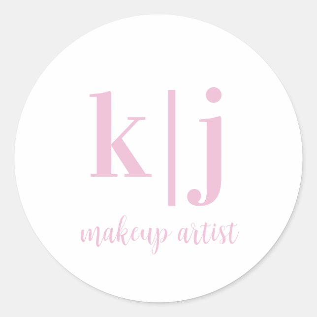 Pegatina Redonda Custom Pink White Monogram Makeup Artist Business (Anverso)