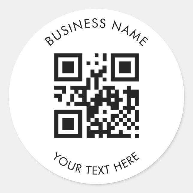 Pegatina Redonda Custom QR Code Business and Text Promotion White (Anverso)