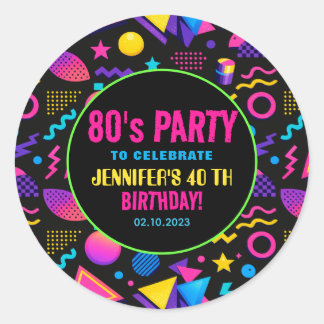 Pegatina Redonda Custom Retro Neon 80’s Birthday – Fun Adult 