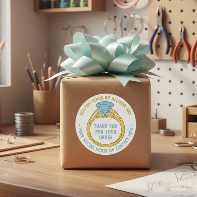 Pegatina Redonda Custom Rings Maker Thank You for Order Stickers (Custom Thank You Stickers for jewelry crafting small buiness.)