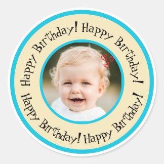 Pegatina Redonda Custom Round Birthday Photo Beige & Turquoise