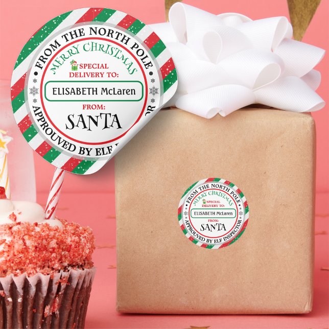 Pegatina Redonda Custom Santa Claus Name Sticker — North Pole Works (Custom Santa Claus Name Sticker — North Pole Workshop)