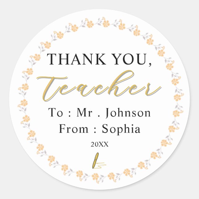 Pegatina Redonda Custom Teacher Stickers – Thank You with Name (Anverso)