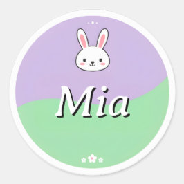 Pegatina Redonda Customizable Kids Name Sticker – Bunny & Flowers