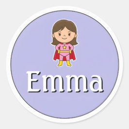 Pegatina Redonda Customizable Kids Name Sticker – Girl Superhero