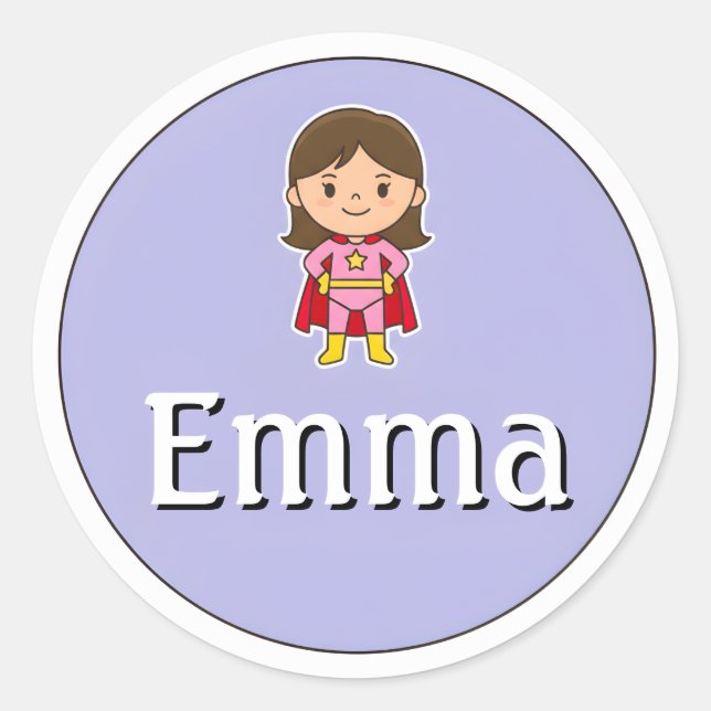 Pegatina Redonda Customizable Kids Name Sticker – Girl Superhero (Anverso)