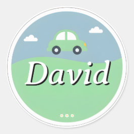 Pegatina Redonda Customizable Kids Name Sticker – Green Car