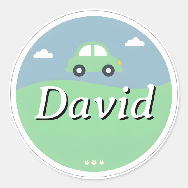 Pegatina Redonda Customizable Kids Name Sticker – Green Car (Anverso)