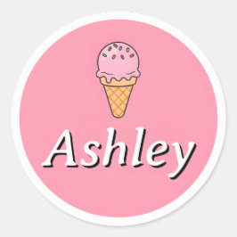 Pegatina Redonda Customizable Kids Name Sticker – Pink Ice Cream 