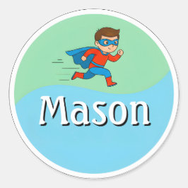 Pegatina Redonda Customizable Kids Name Sticker – Running Superhero