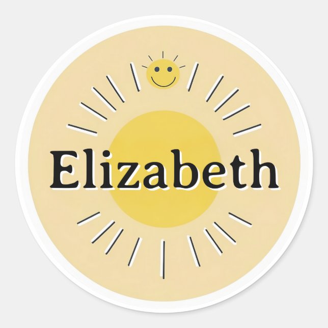 Pegatina Redonda Customizable kids Name Sticker – Sunny Design (Anverso)