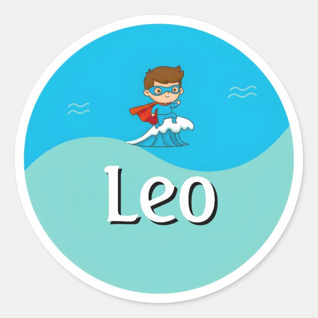 Pegatina Redonda Customizable  Ocean Hero Design Kids Name Sticker (Anverso)