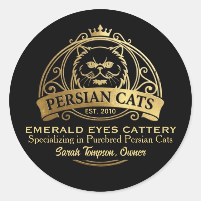 Pegatina Redonda Customizable Persian Cattery Elegant Gold Design (Anverso)