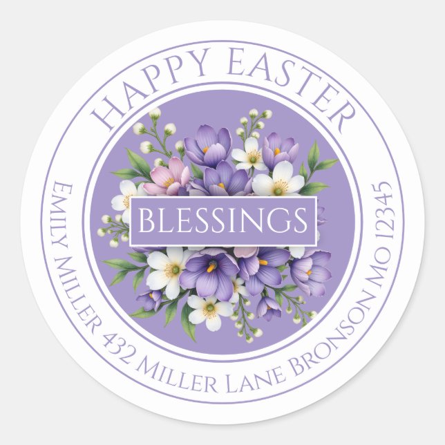 Pegatina Redonda Customizable Purple Floral Easter Sticker  (Anverso)