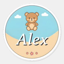 Pegatina Redonda Customizable Round Kids Name Sticker – Teddy Bear