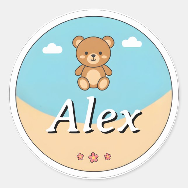 Pegatina Redonda Customizable Round Kids Name Sticker – Teddy Bear (Anverso)