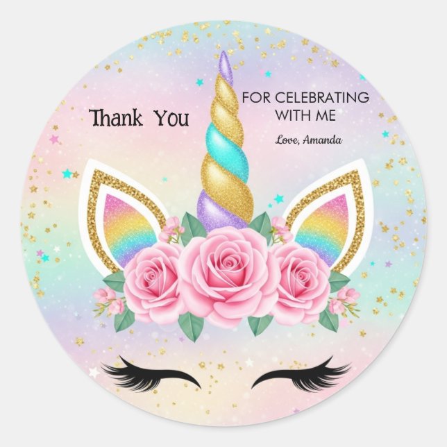 Pegatina Redonda Customizable Unicorn Birthday Party Favor Sticker (Anverso)