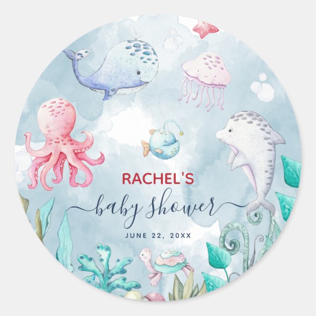 Pegatina Redonda Cuta acuarela bajo el mar Baby Shower (Anverso)