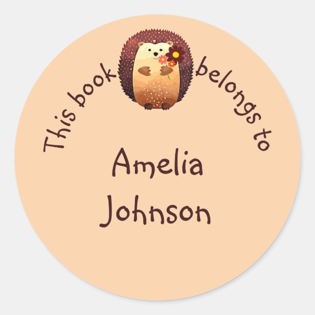 Pegatina Redonda Cuta acuarela Hedgehog Animal Book Plate (Anverso)
