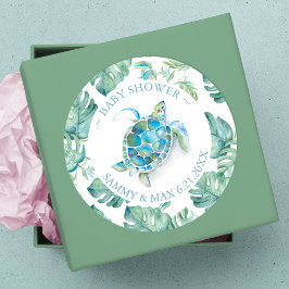 Pegatina Redonda Cuta acuarela Mar Turtle y Verde Favor