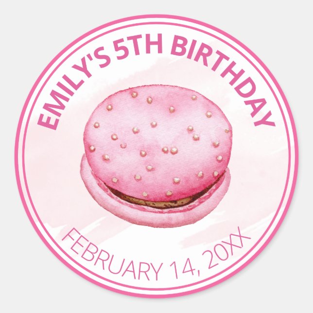 Pegatina Redonda Cuta acuarela Rosa Macaroon Cumpleaños (Anverso)