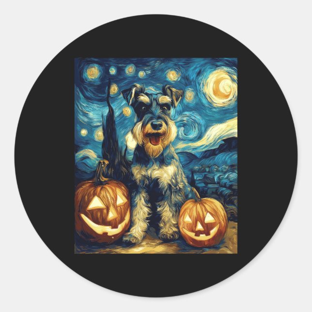 Pegatina Redonda Cuta miniatura Schnauzer Dog Halloween Jack O Lant (Anverso)
