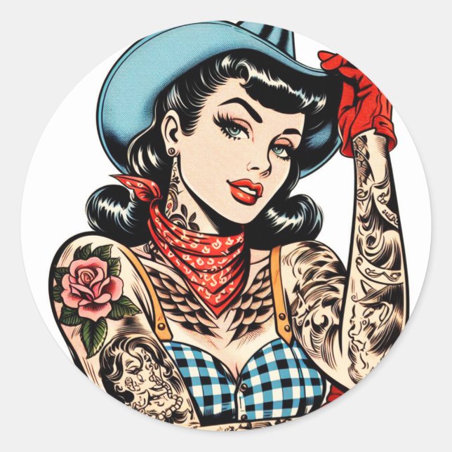 Pegatina Redonda Cuta Personalizado Tattoo Cowgirl (Anverso)
