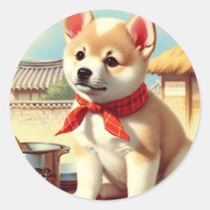 Pegatina Redonda Cuta pintura coreana de perro jindo