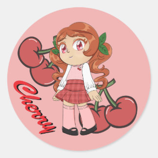 Pegatina Redonda Cuta tema de cereza Chibi con fondo de cereza