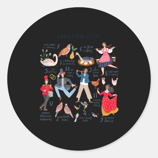 Pegatina Redonda Cute 12 Days Of Christmas Clic Traditional  (Anverso)