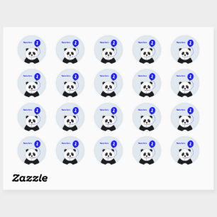 Pegatina Redonda Cute 1er cumpleaños panda añadir nombre azul