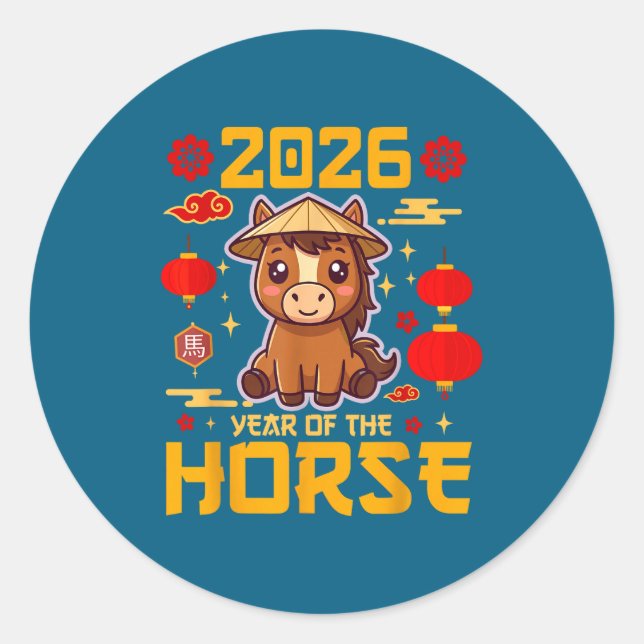 Pegatina Redonda Cute 2026 Year Of The Horse Happy Chinese New Year (Anverso)
