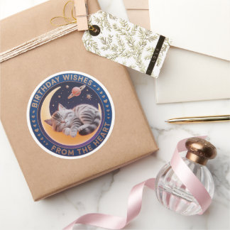 Pegatina Redonda Cute 3D Sleeping Cat on Moon Birthday Wishes Round