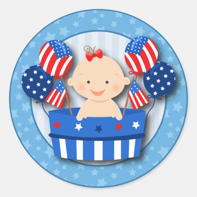 Pegatina Redonda Cute 4 de julio: Baby Shower Patriotic Baby Girl (Anverso)