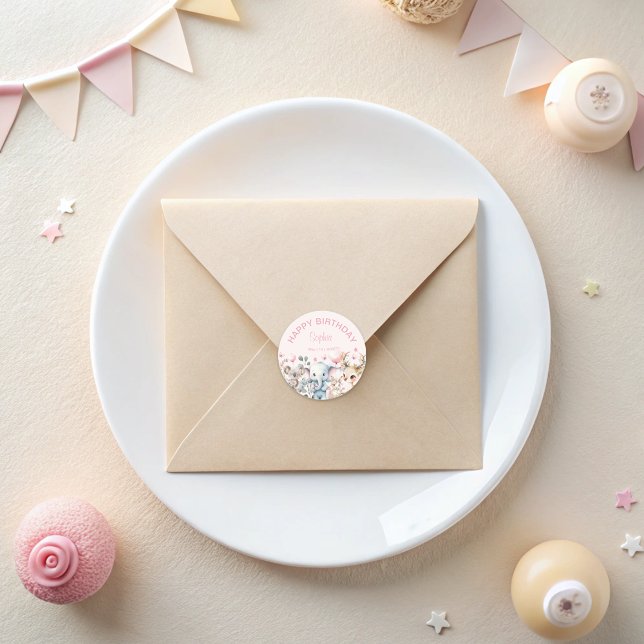 Pegatina Redonda Cute acuarela Animales salvajes Chica rosado Cumpl (Subido por el creador)