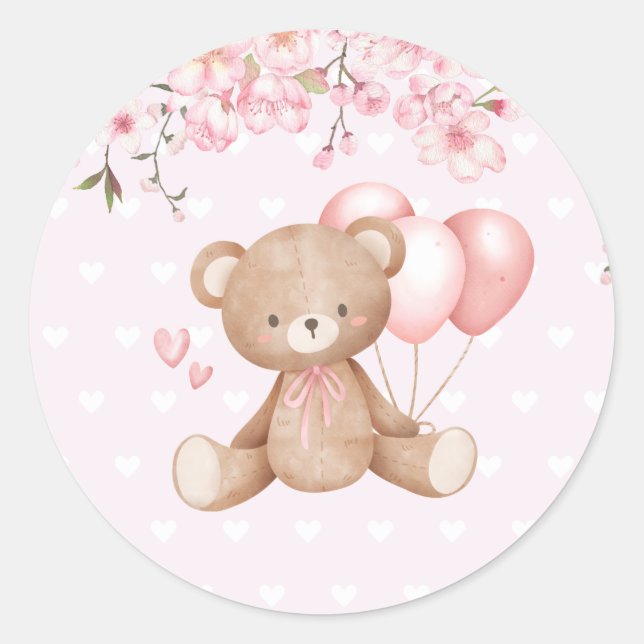 Pegatina Redonda Cute acuarela Boho Teddy Bear Chica Baby Shower (Anverso)