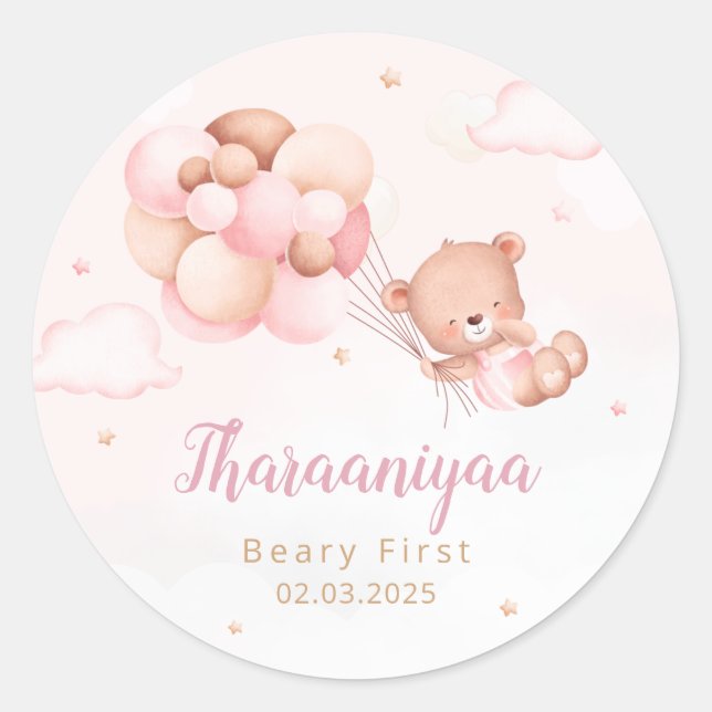 Pegatina Redonda Cute acuarela Boho Teddy Bear Chica bebé Ducha (Anverso)