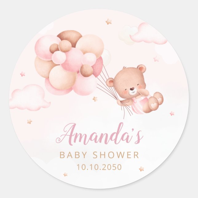 Pegatina Redonda Cute acuarela Boho Teddy Bear Chica bebé Ducha (Anverso)