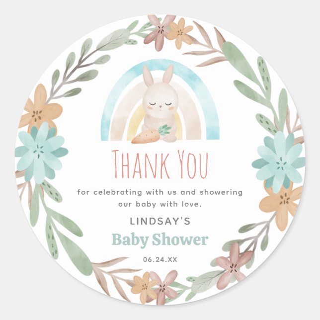Pegatina Redonda Cute acuarela Bunny Baby Shower Gracias (Anverso)