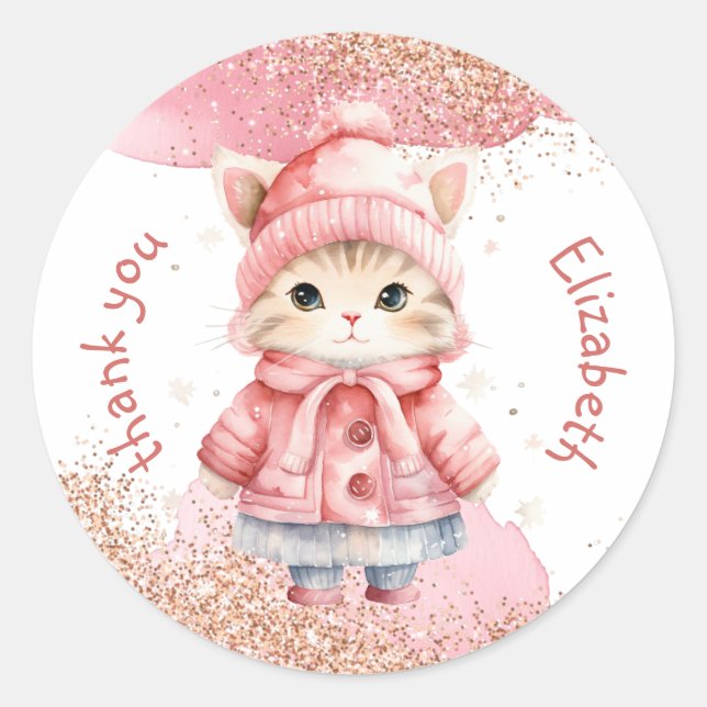 Pegatina Redonda Cute acuarela Kitty Cat Winter Coat Fiesta (Anverso)