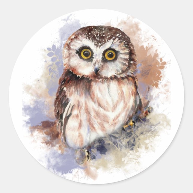 Pegatina Redonda Cute acuarela Owl Bird Naturaleza art (Anverso)